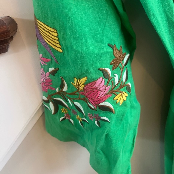 NWT Fanm Mon Asia Maxi Dress in Kelly Green Embroidered Linen XS - Picture 8 of 10